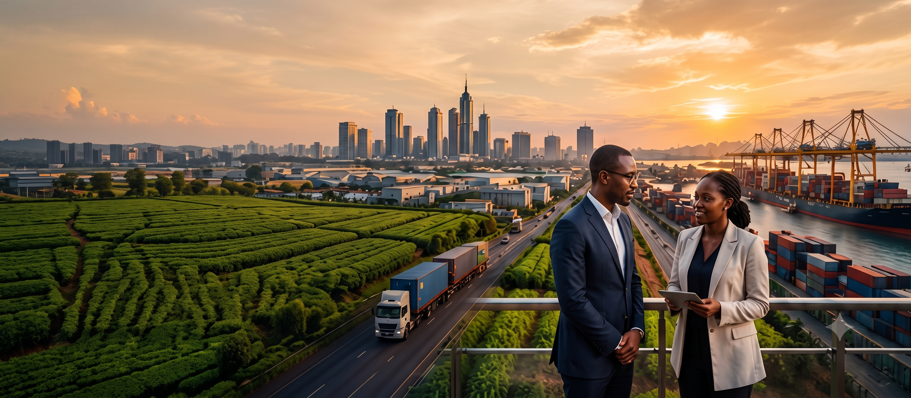 East African business professionals overlooking agriculture, logistics and trade